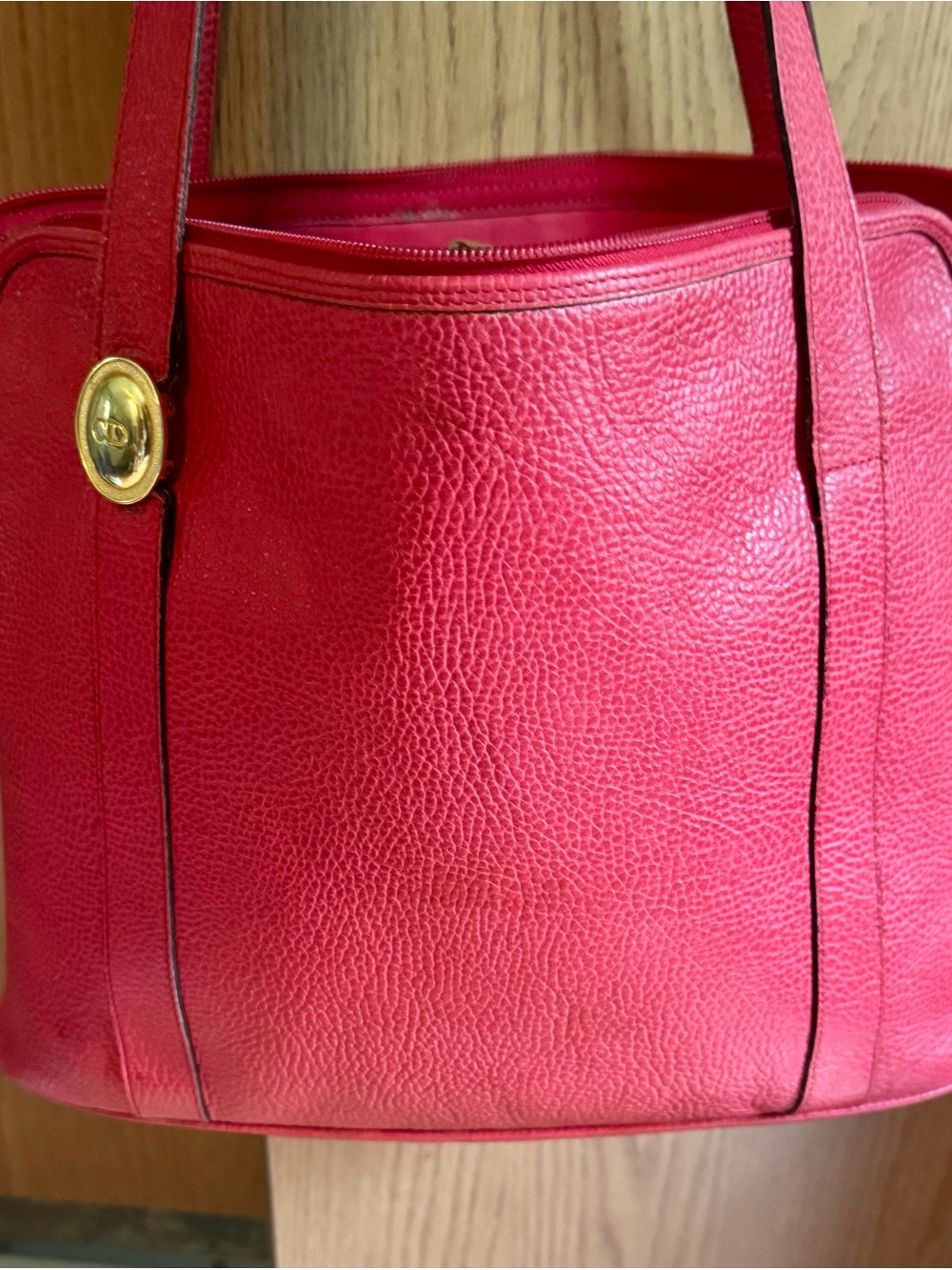 Dior Vintage Red Pebbled Leather Shoulder Bag with Gold-tone CD Accent